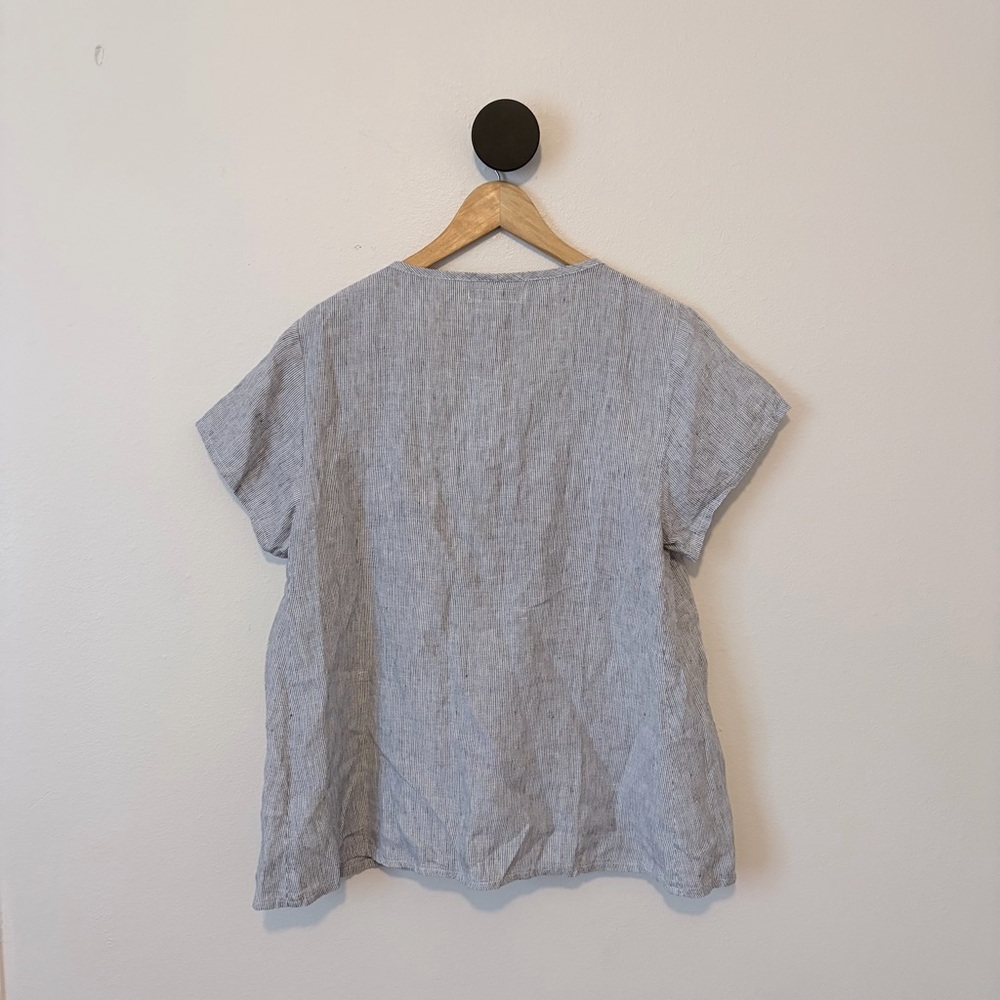 FLAX Linen Micro Stripe Top Short Sleeve Blue White Size S - Picture 6 of 6
